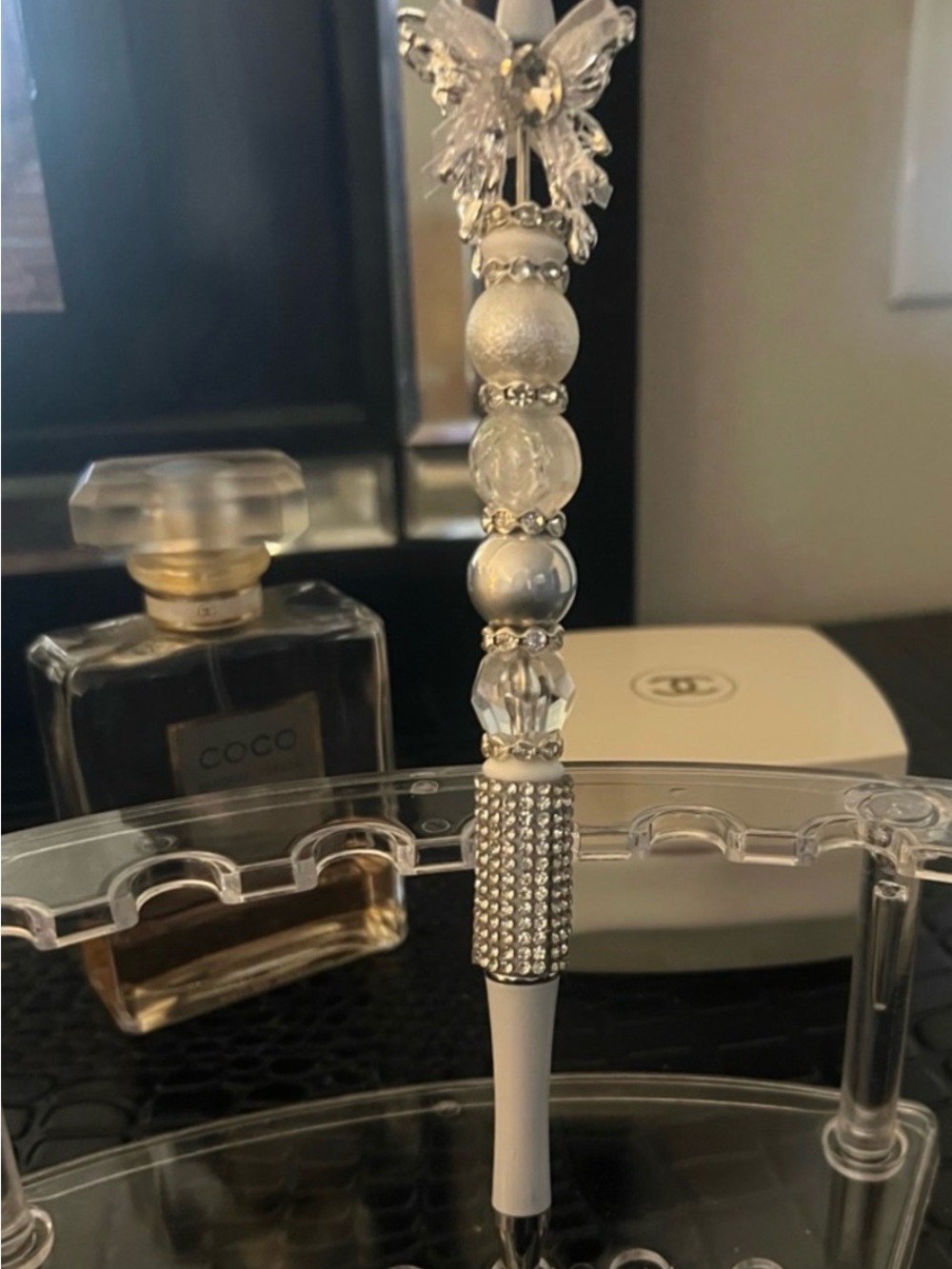 Chic Crystal Beaded Pen in White with Rhinestone Accents